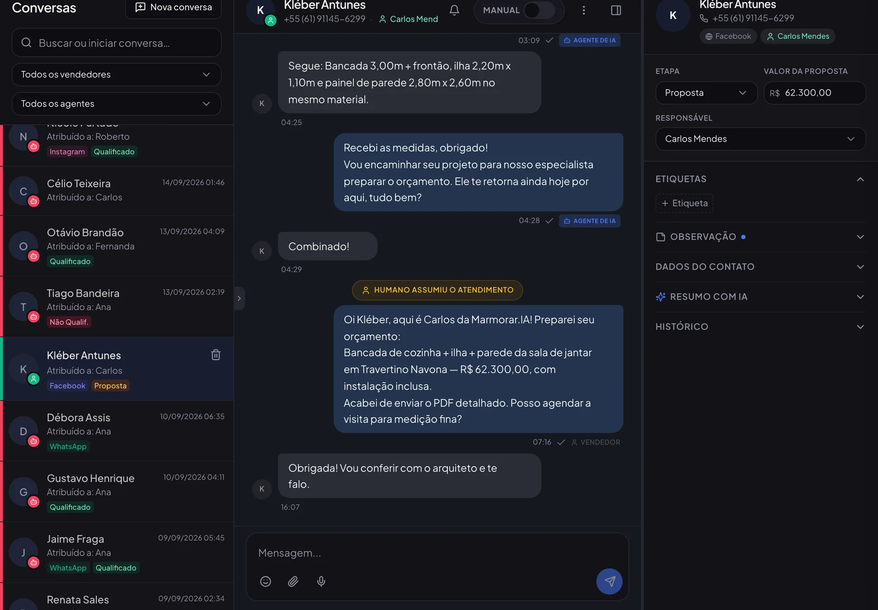Conversa no Marmorar.IA em que o vendedor envia o orçamento de R$ 62.300 com PDF, depois da IA qualificar o cliente