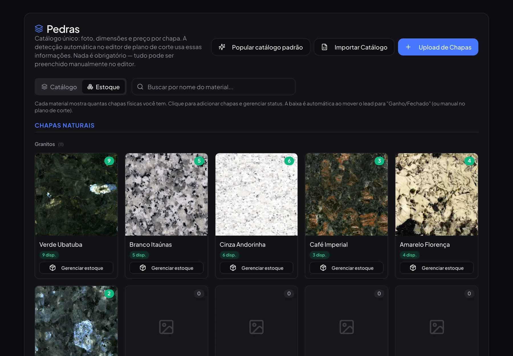 Estoque de pedras do Marmorar.IA com fotos de Verde Ubatuba, Branco Itaúnas, Cinza Andorinha, Café Imperial e Amarelo Florença e a quantidade de chapas disponíveis