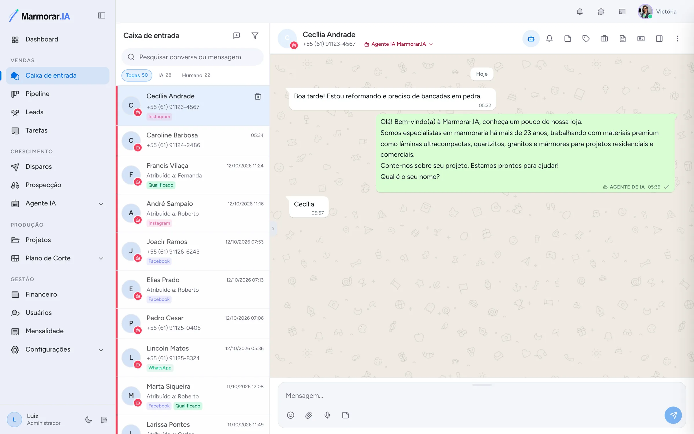 Caixa de entrada do Marmorar.IA com conversas de vários vendedores