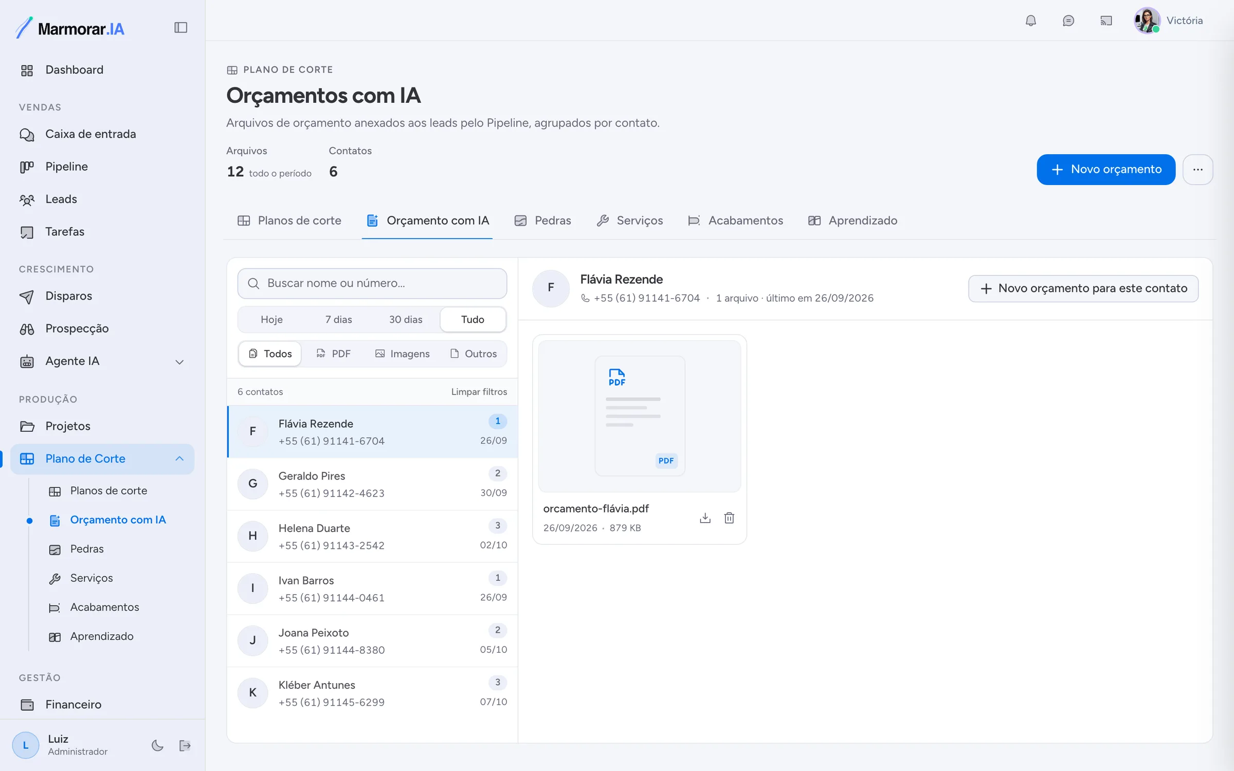 Orçamentos por cliente e construtora
