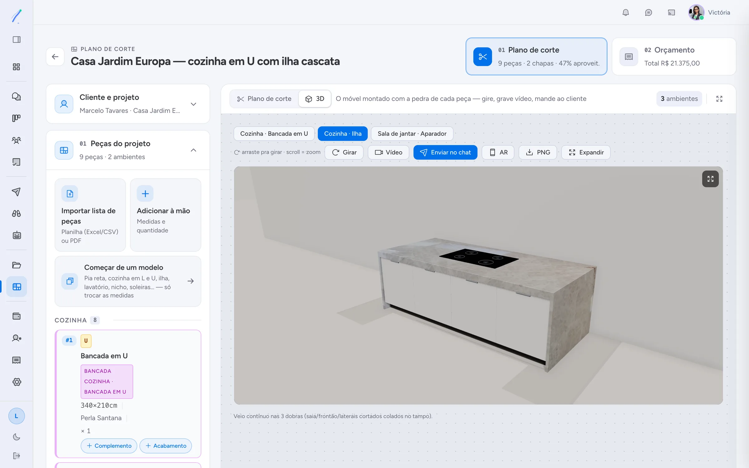 Ilha cascata em Perla Santana no 3D, com o cooktop de 5 bocas e as laterais até o chão em meia-esquadria